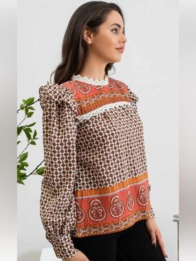 Boho Floral Print Blouse Lace Trim Long Sleeve Peasant Top Vintage Inspired